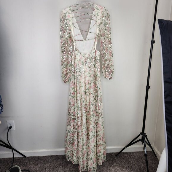 NWT Mac Duggal Sequined Floral Print Cut Out Lace Up Gown Size 6 - Picture 11 of 17